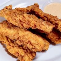 Chicken Tenders · Crunchy and juicy breaded chicken tenders served with your choice of dipping sauce!