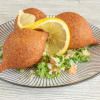 Kibbeh · 3 pieces crispy deep fried cracked wheat shell stuffed with seasoned ground beef, pine nuts,...