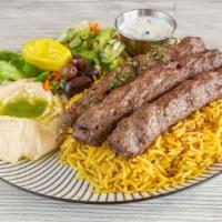 Beef Kafta Kabob Plate · 3 skewers of grilled beef Kafta (ground beef), rice. Comes with hummus, and mixed salad.