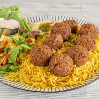 Falafel Plate · 6 pieces falafels (ground chickpeas). Comes with hummus, mix salad.