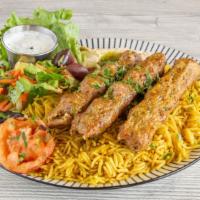 Chicken Kafta Kabob Plate · 3 skewers of grilled chicken Kafta (ground chicken), rice. Comes with hummus, and mixed salad.