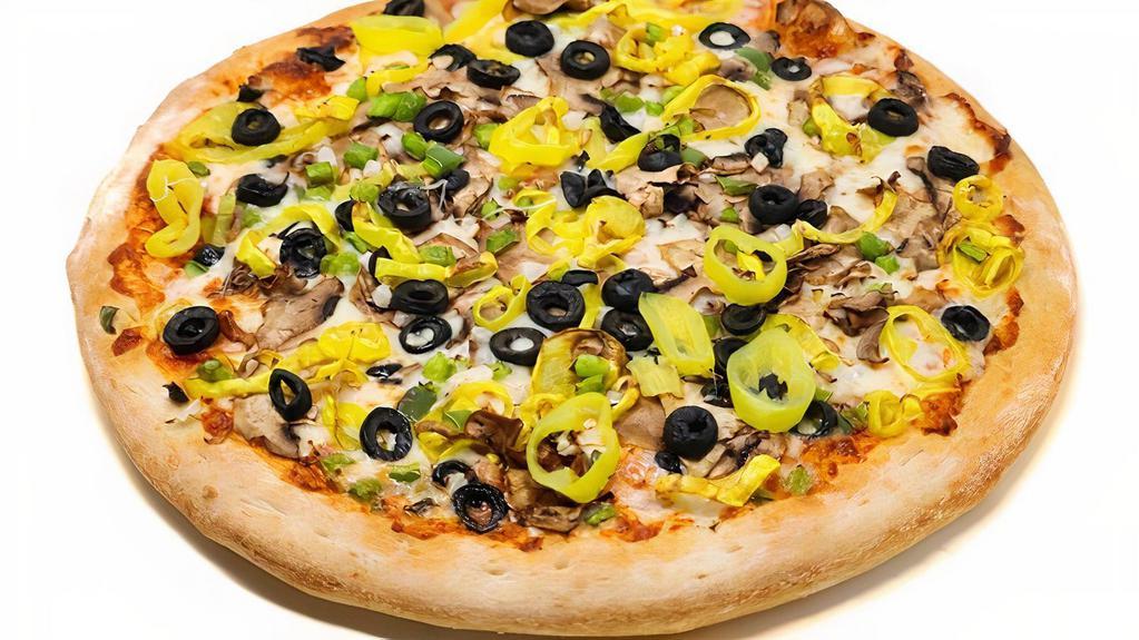 Vegetarian · Mozzarella cheese, onions, green peppers, fresh mushrooms, black olives, mild peppers.