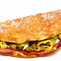 Wicked Italian Calzone · Mozzarella cheese, ham, salami, giant pepperoni, italian sausage, mild peppers. Served with ...