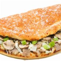 Steak & Cheese Calzone · Mozzarella cheese, steak, onion, green peppers, fresh mushrooms. Served with ranch dressing ...