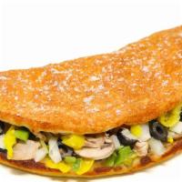 Vegetarian Calzone · Mozzarella, fresh mushrooms, onions, green peppers, black olives, mild peppers. Served with ...