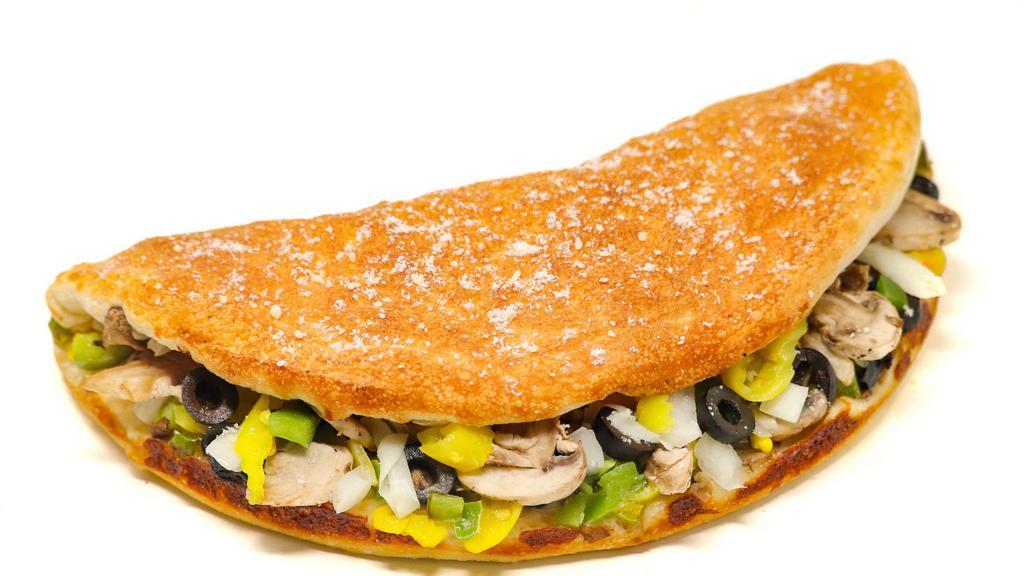 Vegetarian Calzone · Mozzarella or cheddar cheese, fresh mushrooms, onions, green peppers, black olives, lettuce, tomato. Served with ranch dressing on the side.