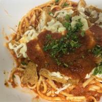 Chicken Parmesan · Linguine Pasta Topped with Fried Chicken Breast Sautéed with Homemade marinara Sauce, Topped...