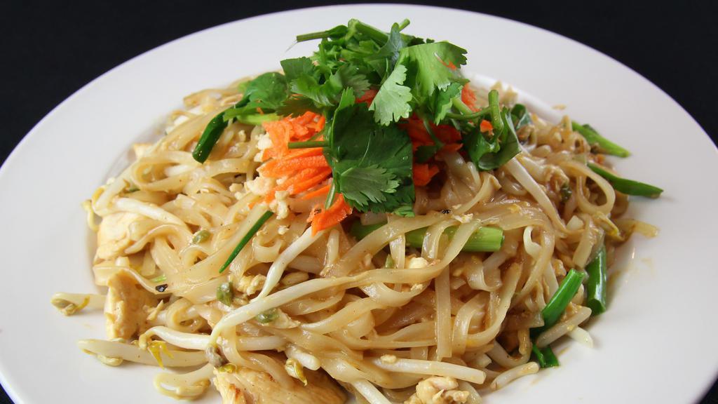 Pad Thai · Rice noodles, egg, bean sprouts, crushed peanuts, green onions in a sweet Thai sauce. Vegan and Gluten Free preparations available upon request.