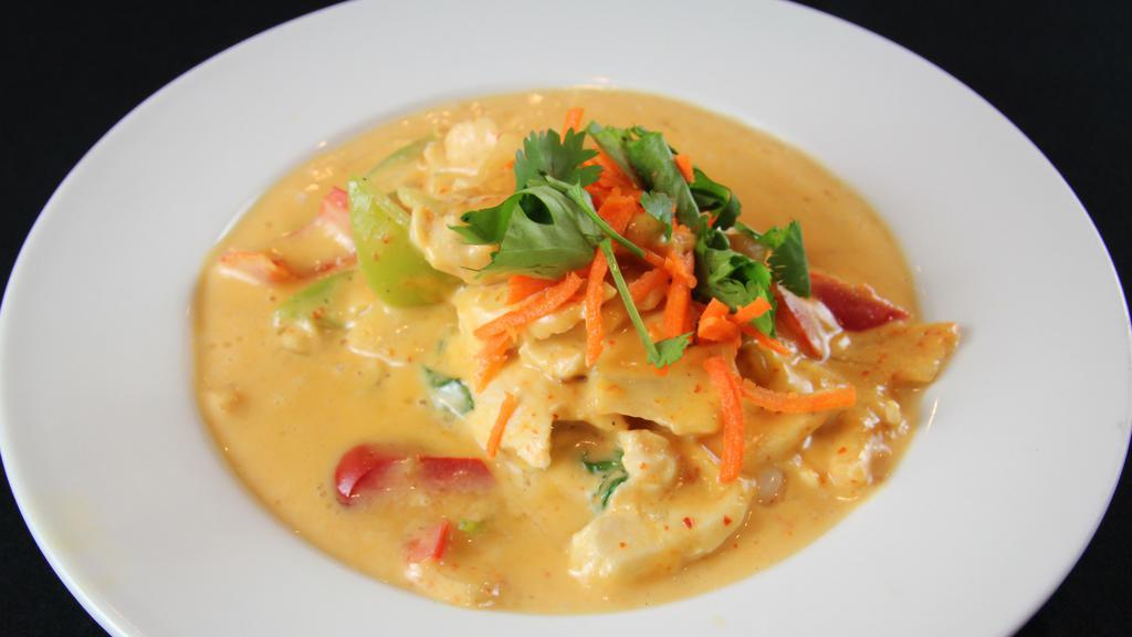Red Curry · Spicy Thai curry with coconut milk, bamboo shoots, bell peppers, basil and your choice of meat or tofu. Vegan and gluten-free preparations available upon request.
