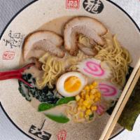 Tonkotsu Ramen  (K) · Pork bone broth, Japanese fish cake, egg, sweet corn, snow peas, green onion, nori .