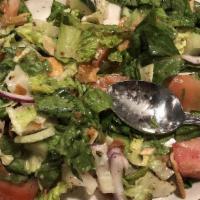 Fattoush Salad · Romaine lettuce with tomatoes, cucumbers, onions, shredded cabbage and carrots, sumac and to...
