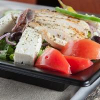 Greek Salad With Chicken · Most popular. Lettuce, cucumber, tomato, feta, onion, black olives, green pepper, banana pep...