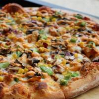 Chicken Fajita Pizza · Grilled Chicken, Green Peppers, Onions, Mushrooms & Corn topped with  Southwest Sauce.