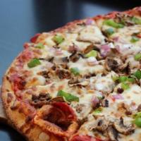 Alanos Supreme Pizza · Pepperoni, Sausage, Beef, Mushrooms, Green Peppers, Red Onions, & Cheese