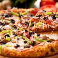 Veggie Pizza · Tomatoes, Mushrooms, Onions, Green Peppers, Banana, Peppers & Black Olives.