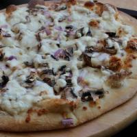 Chicken Alfredo Pizza · Grilled Chicken, Onions & Mushrooms. Topped 
with Alfredo sauce.