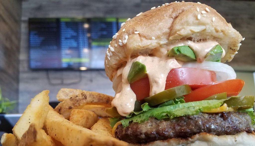 Burger On Fire · Meat Patty, Cheese, Lettuce, Onions.
Tomatoes, Jalapenos, Avocado, with Hot Sauce, With A Side Of Fries