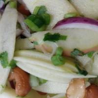 Apple Salad · Sliced green apple, cashew, red onions, green onions and cilantro with brown sugar tamarind ...