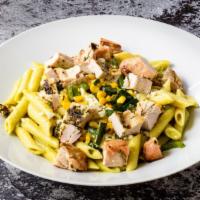 Poblano Pasta · Creamy poblano pepper sauce, corn kernels, poblano peppers, chef's choice of pasta, grilled ...
