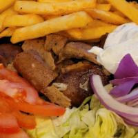 #3 Gyro Bowl · Gyro meat, rice, lettuce, tomatoes, onions, hummus, tzatziki sauce, pita bread and special h...