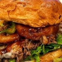 Prime Steak Bbq Burger · (Onion bun) ribeye steak, lettuce, sautéed mushrooms, Swiss cheese, beef bacon, onion rings,...