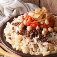 Egyptian Kushari Bowl (Vegan) · Pasta, rice, lintels, chickpeas, fried onion with our special red sauce and garlic sauce