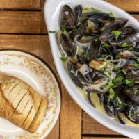 Mussels · Gluten-free (without baguette). 3/4 pound of steamed PEI mussels, white wine, garlic, shallo...