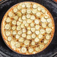 Dill Pickle Pizza (Large) · Homemade garlic dill sauce, mozzarella cheese, fresh parmesan, and lots of pickles.