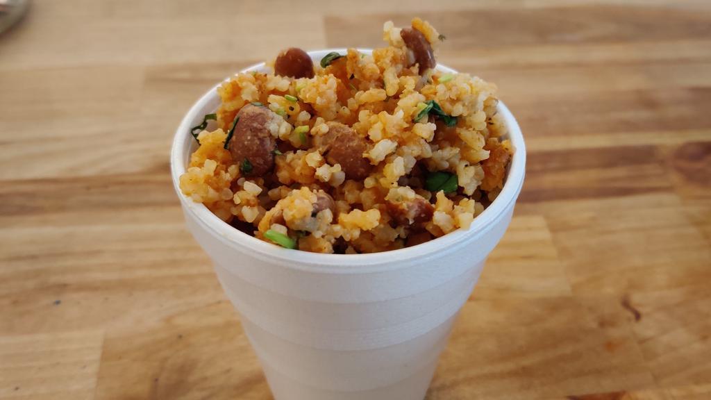 Rice With Beans · Rice of the day. seasoned rice with local beans and seasonal touches. Always prepared gluten-free, dairy-free, and vegan.