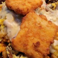 Breakfast Poutine *New* · Waffle fries topped with scrambled eggs, mushrooms, and onions. Smothered in bacon sausage b...