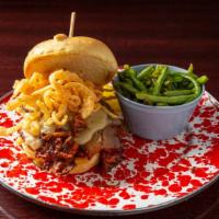 Boss Hog · Pulled pork tossed in Jethro’s secret bbq sauce with Texas bacon, crispy onion strings and P...