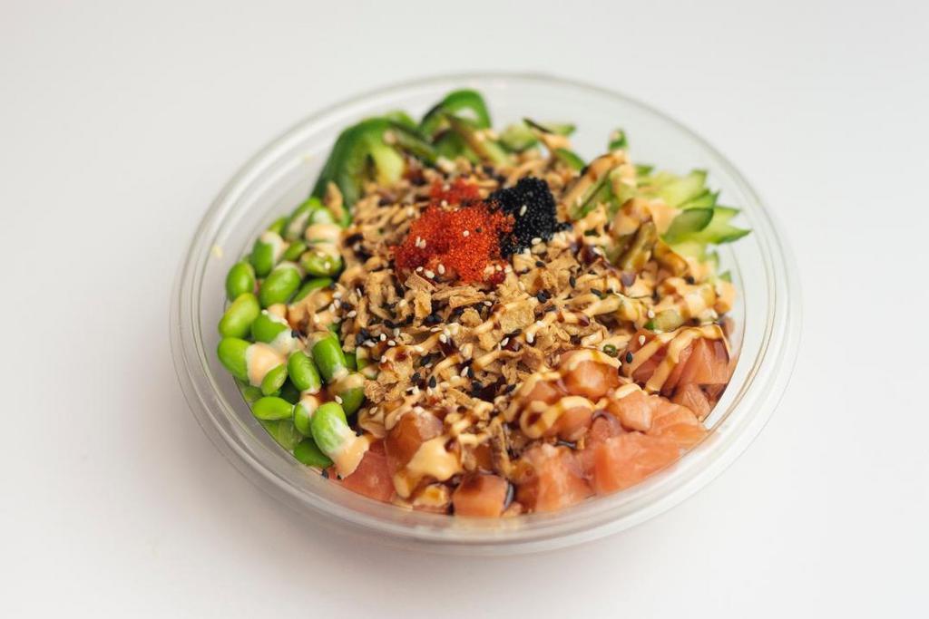 Crunch Bowl · Cucumber, jalapeno, edamame, scallion, tempura crunch, tobiko and sesame seeds with spicy aioli and samurai.