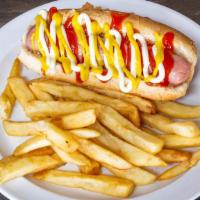 Hot Dog · Hot dog with mayo, ketchup and mustard. Served with French fries. Add combo for an additiona...