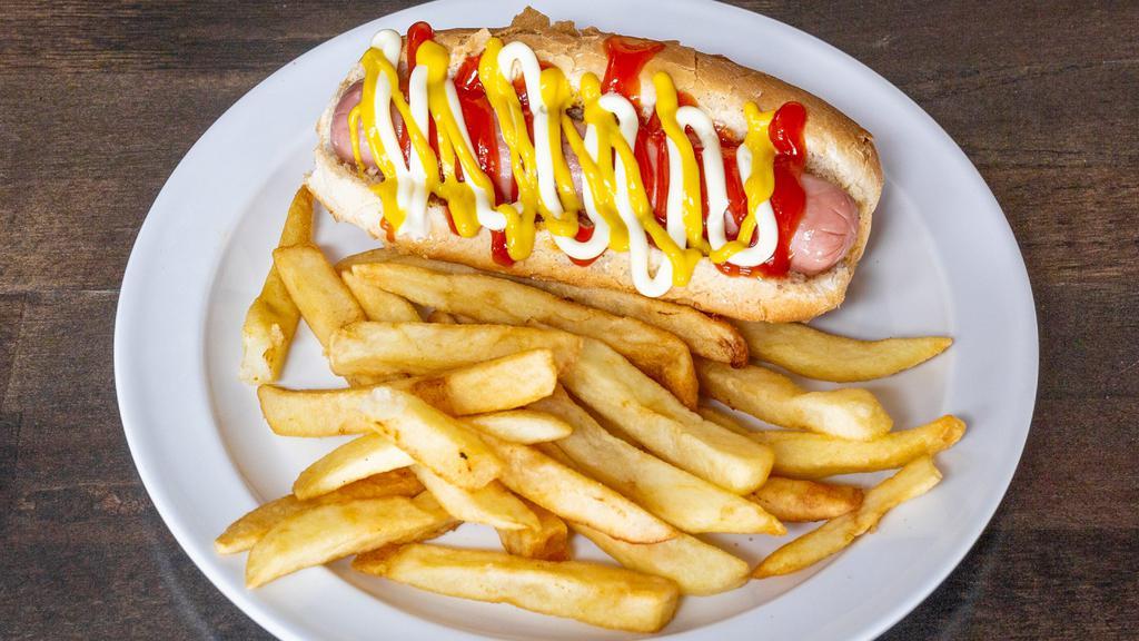 Hot Dog · Hot dog with mayo, ketchup and mustard. Served with French fries. Add combo for an additional charge.