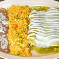 Enchiladas · Three chicken, steak or cheese enchiladas, topped with green or red sauce, cheese and cream....
