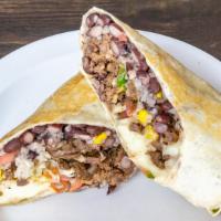Burrito Especial · Flour tortilla filled with your choice of flank steak, lengua or  mix, white rice, black bea...