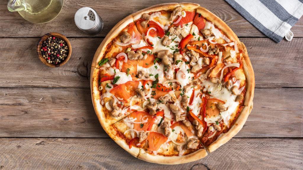 Broadway Chicken Bacon Ranch Pizza · Our fresh, made daily pizza dough topped with tender, grilled chicken breast, crispy bacon pieces, our house-made marinara sauce, and stretchy Italian cheese blend. Finished with a drizzle of ranch dressing. Baked until bubbling and golden.