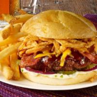 Messy Mike'S Burger · With our hickory BBQ sauce, applewood smoked bacon, melted cheddar cheese and onion straws. ...