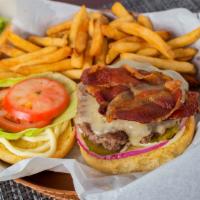 Bacon Swiss Mushroom Burger · Served with applewood smoked bacon,   Swiss cheese, sautéed mushrooms,  mayonnaise, lettuce,...