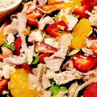 Sun Kissed Strawberry Chicken Salad · Chicken, strawberries, Mandarin oranges, toasted almonds!