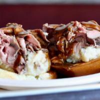 Open Face Roast Beef · Served with mashed potatoes and gravy.
