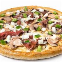 Sarpino'S Steak · Juicy sliced steak, onions, green peppers, fresh mushrooms, our signature gourmet cheese ble...