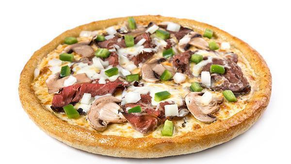 Sarpino'S Steak · Juicy sliced steak, onions, green peppers, fresh mushrooms, our signature gourmet cheese blend smothered in our homemade pizza sauce