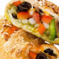 Vegetarian Calzone · A hearty mix of black olives, tomatoes, tender red and green peppers, plump fresh mushrooms,...