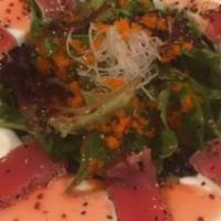 Black Pepper Tuna Salad · Seared black pepper, tuna and spring mix with spicy yuzu sauce.
