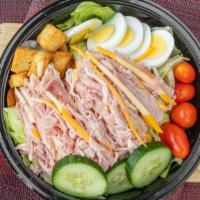 Chef Salad  · Ham, turkey, american, swiss cheese, tomato,cucumber, croutons, hard boiled egg.
