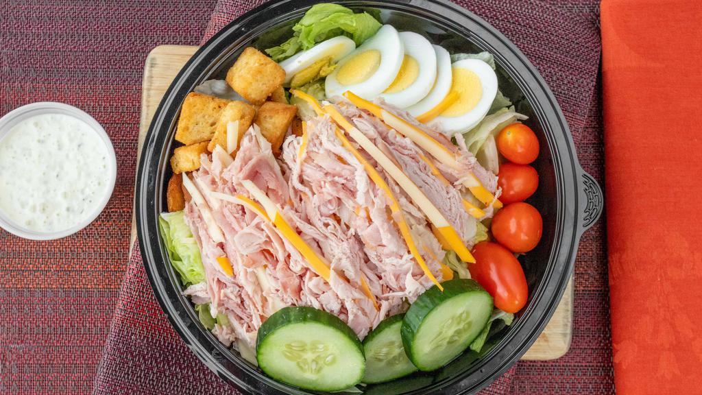 Chef Salad  · Ham, turkey, american, swiss cheese, tomato,cucumber, croutons, hard boiled egg.