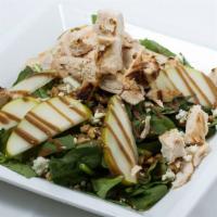 Organic Spinach, Chicken & Pear Salad · Tossed in honey-balsamic vinaigrette with grilled chicken, Gorgonzola, candied walnuts, baco...