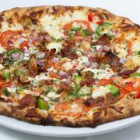 Gourmet Chèvre & Bacon · With roma tomato, red onion, bell peppers, cheese & fresh basil.