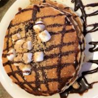 S'More Pancakes · With marshmallows, chocolate chips and graham crackers.